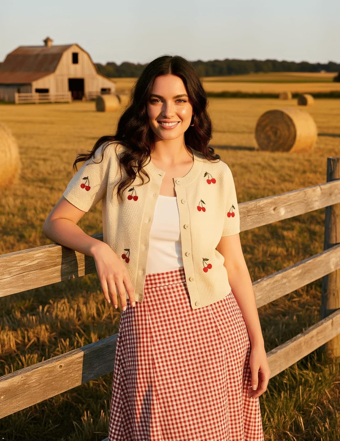 Bbonlinedress Women Cherry Short Sleeve Cardigan Tops Vintage Sweater Shirt