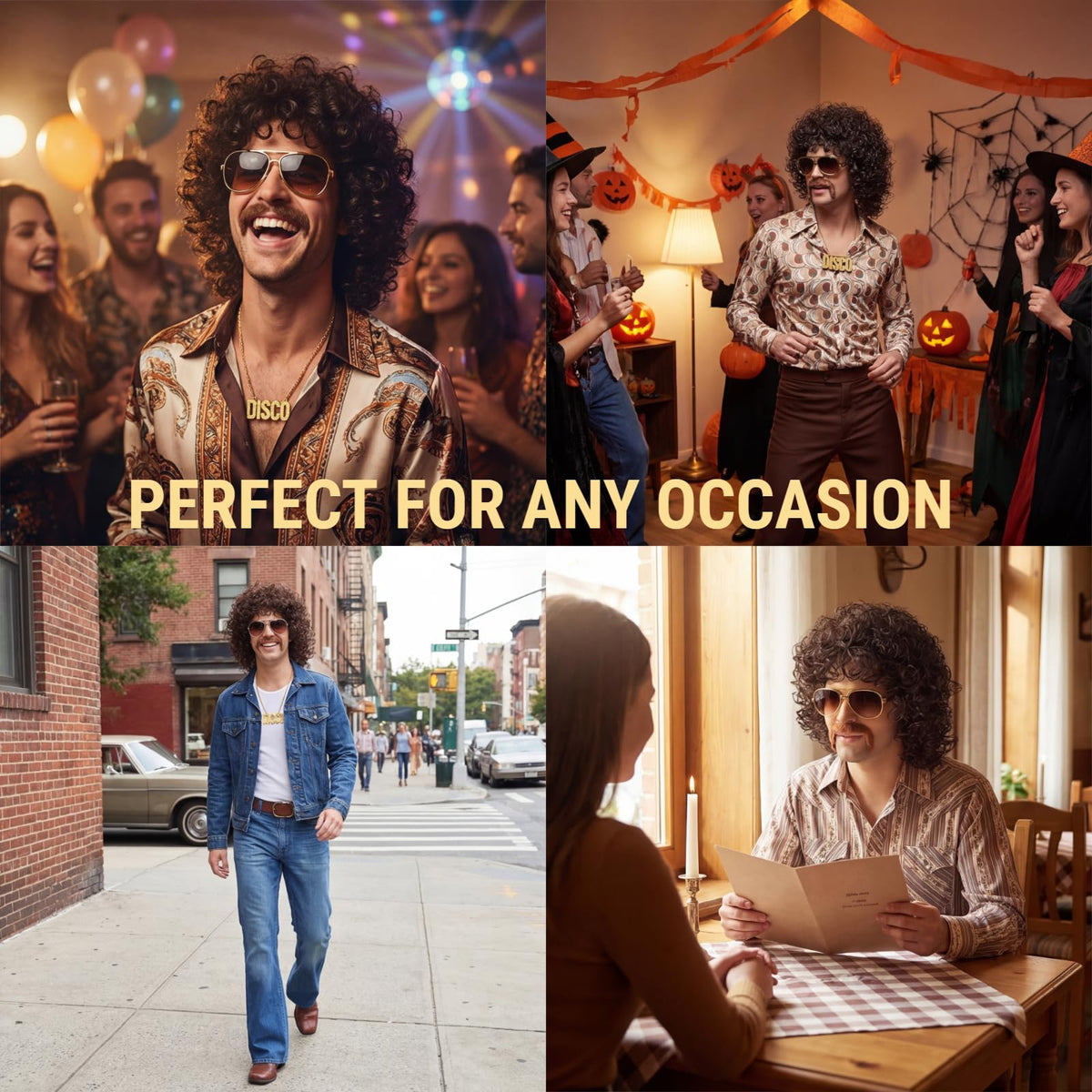 70s Disco Black Jerry Curl Wig with Glasses Mustache Necklace for Men