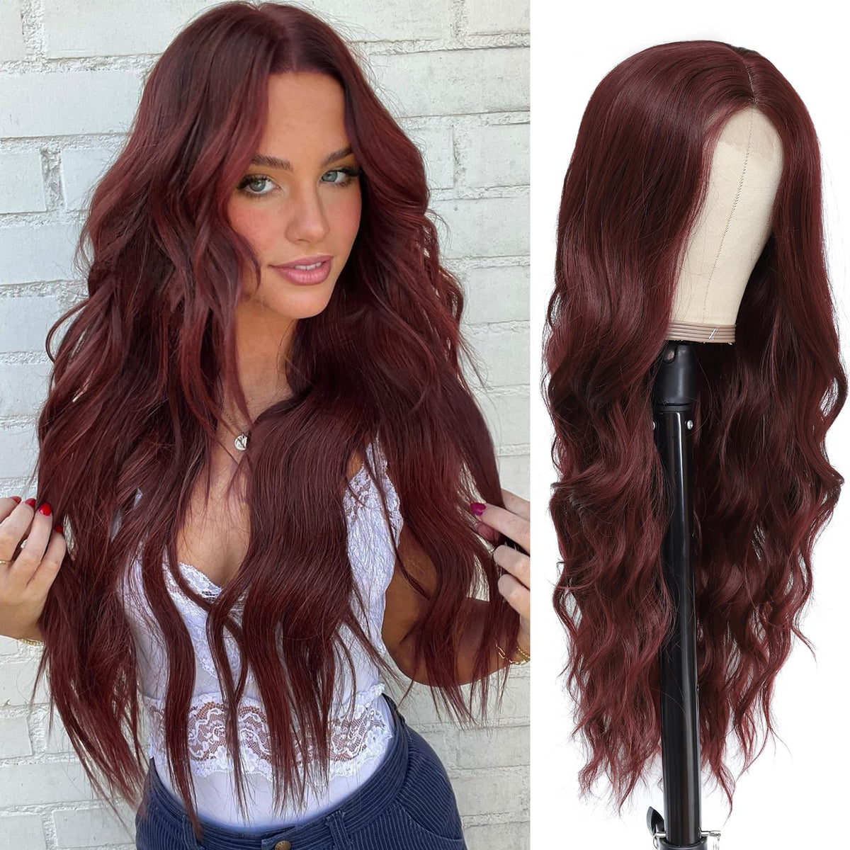 NAYOO 26 Inch Long Wavy Black Wig for Women, Middle Part Natural Looking Synthetic Wig, Heat Resistant Fiber Soft & Lightweight, Realistic Scalp Long Curly Wig for Daily Wear Party Cosplay