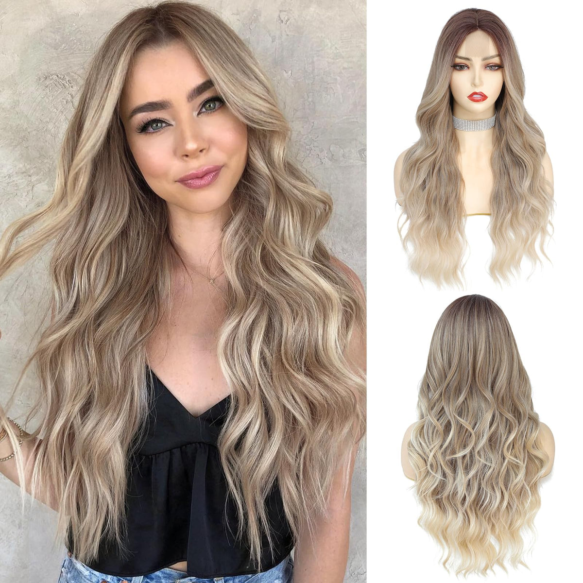 NAYOO 26 Inch Long Wavy Black Wig for Women, Middle Part Natural Looking Synthetic Wig, Heat Resistant Fiber Soft & Lightweight, Realistic Scalp Long Curly Wig for Daily Wear Party Cosplay