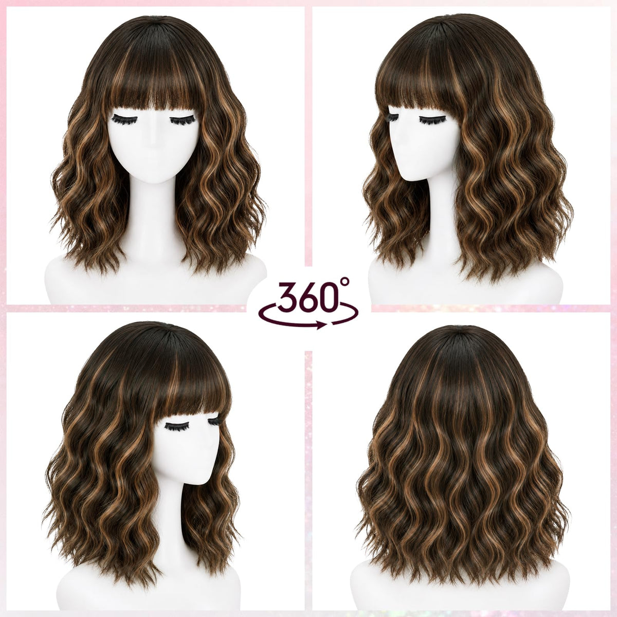 NOSTALGIA Wigs for Women, Short Wavy Bob Wig with Bangs, Trimmable Bangs, Shoulder Length, Black To Brown Heat Resistant Synthetic Wig for Daily Party Use, 14 Inch