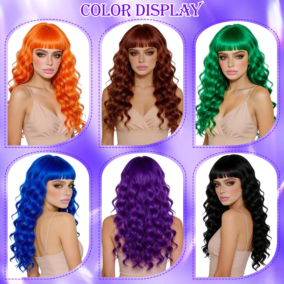 Purple Wig for Women Long Wavy Hair with Heart Sunglasses, Colorful Curly Wigs with Bangs for Birthday Nightclubs Music Festival Photography Funny Bachelorette Mardi Gras Party Supplies