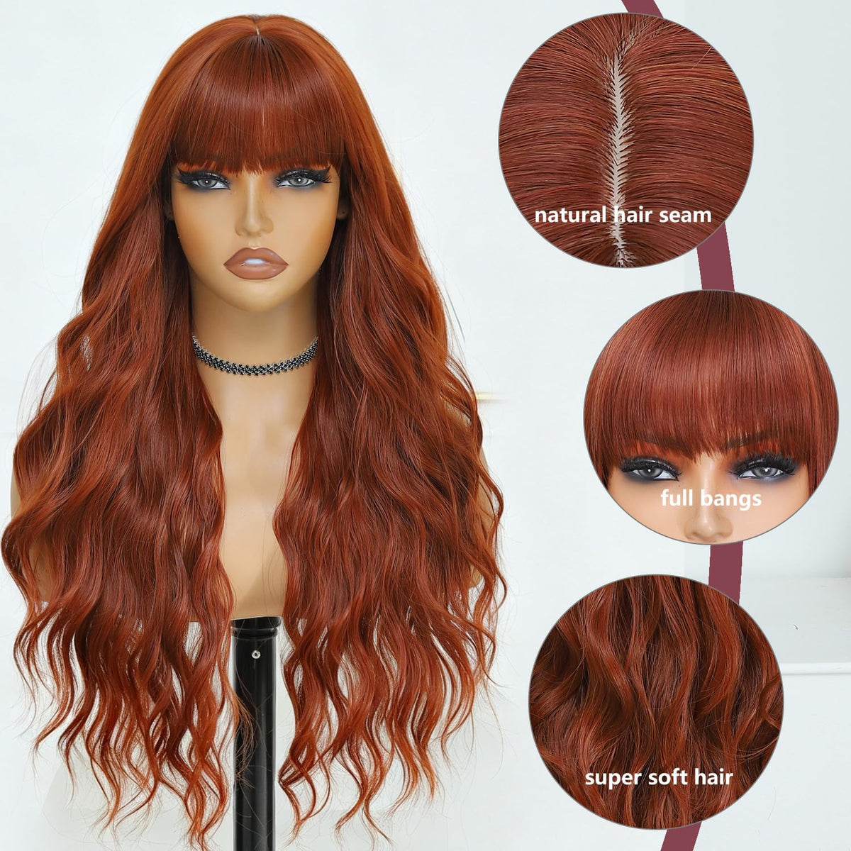 Burgundy Wig with Bangs for Women, Long Wavy Red Wig 26 Inch Wigs Heat Resistant Sythetic Wig for Daily Party Use