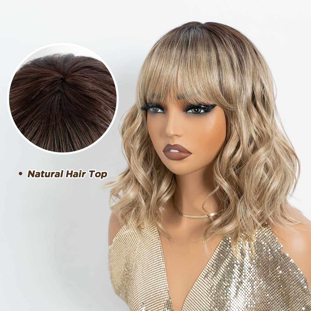 NOBLE Blue Wig with Bangs 12 Inches Short Bob Curly Wig Blue Wigs for Women Colorful Wavy Bob Wigs with Air Bangs Heat Resistant Synthetic Silver Blue Halloween Wigs for Cosplay Party