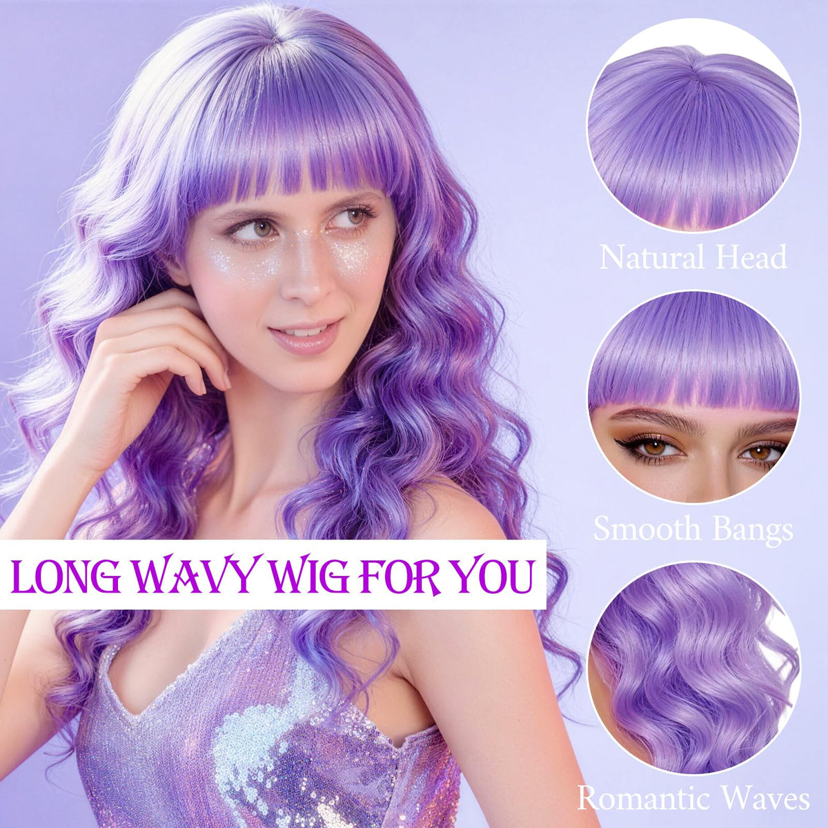 Purple Wig for Women Long Wavy Hair with Heart Sunglasses, Colorful Curly Wigs with Bangs for Birthday Nightclubs Music Festival Photography Funny Bachelorette Mardi Gras Party Supplies