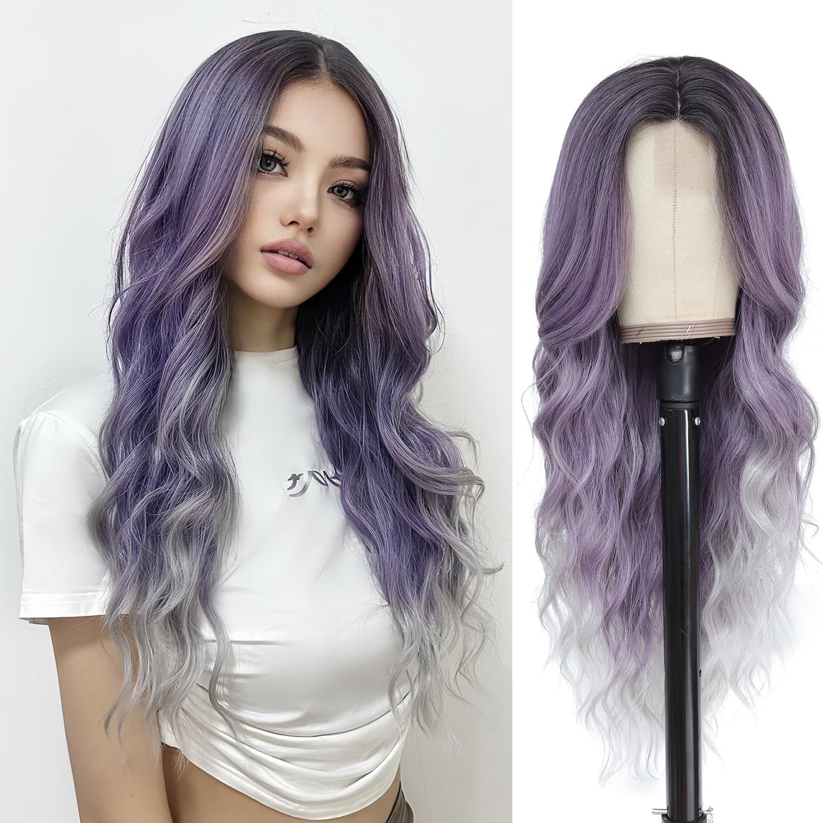NAYOO 26 Inch Long Wavy Black Wig for Women, Middle Part Natural Looking Synthetic Wig, Heat Resistant Fiber Soft & Lightweight, Realistic Scalp Long Curly Wig for Daily Wear Party Cosplay