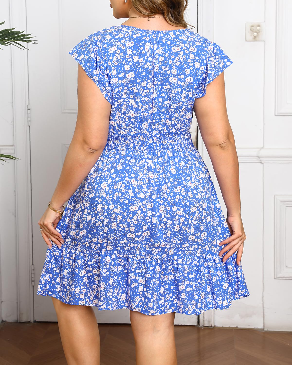 Talisea Womens Plus Size V Neck Ruffle Sleeve Flowy Summer Dress