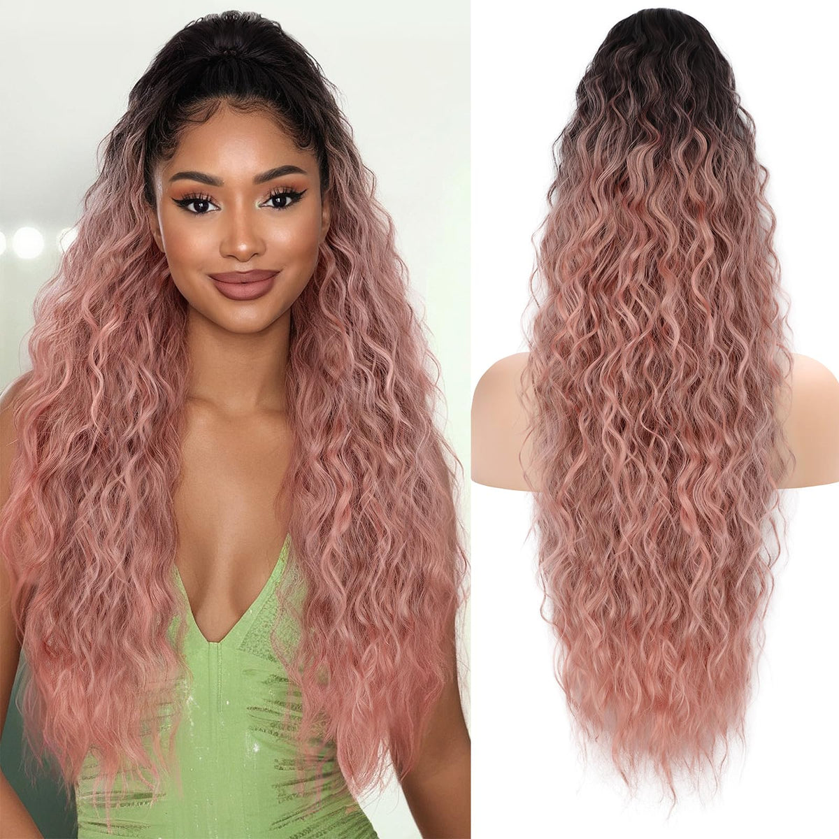 KooKaStyle Long Medium Brown Curly Synthetic Drawstring Ponytail Extension