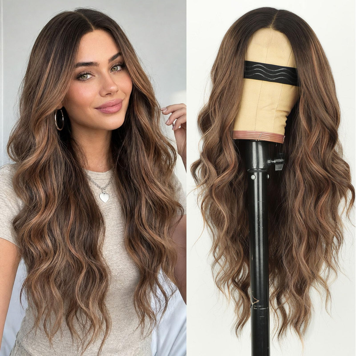 AISI HAIR Black Wig for Women, Long Wavy Lace Hairline Synthetic Wig 26Inch
