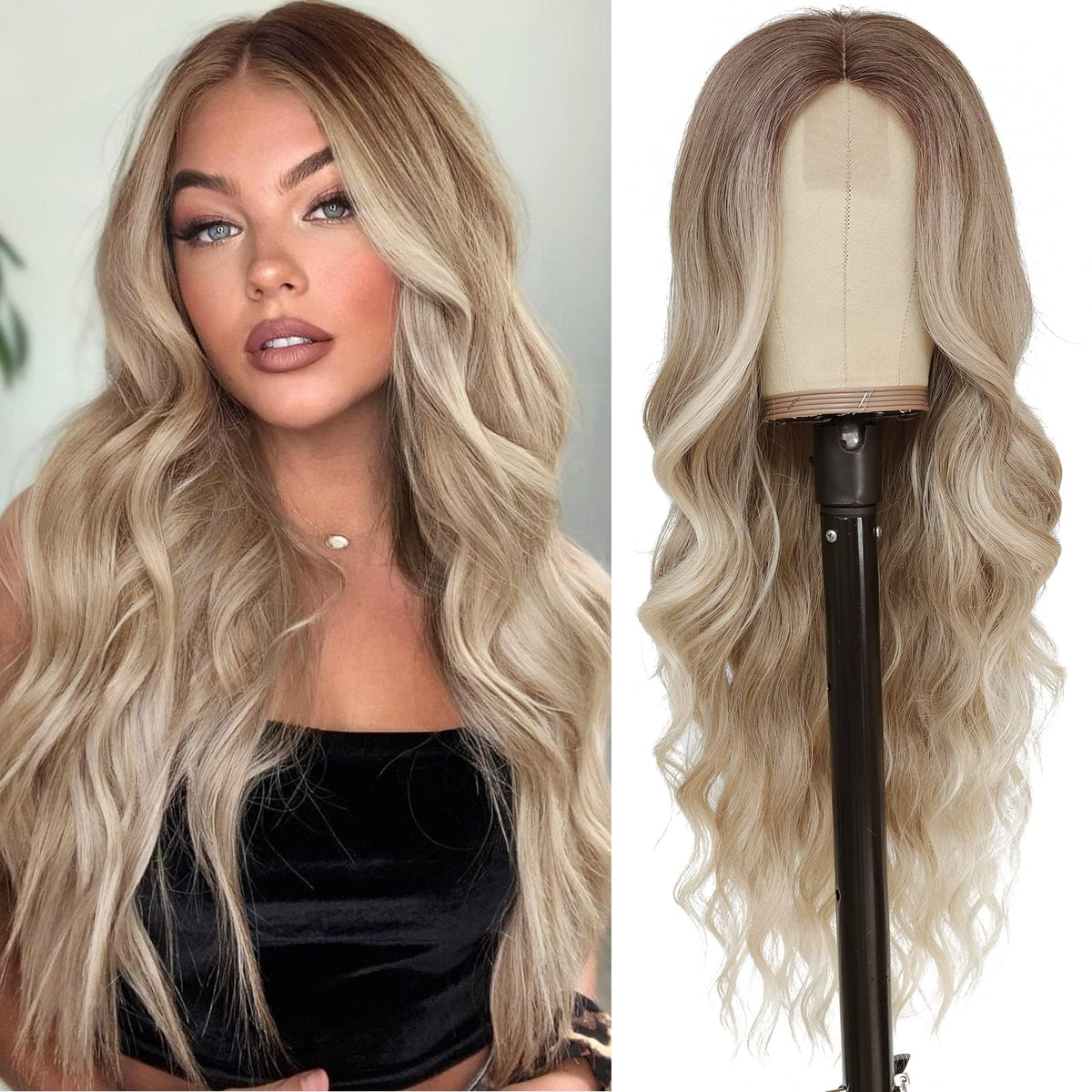 NAYOO Ice Blue Wig for Women, 26 Inch Middle Part Wavy Synthetic Wig