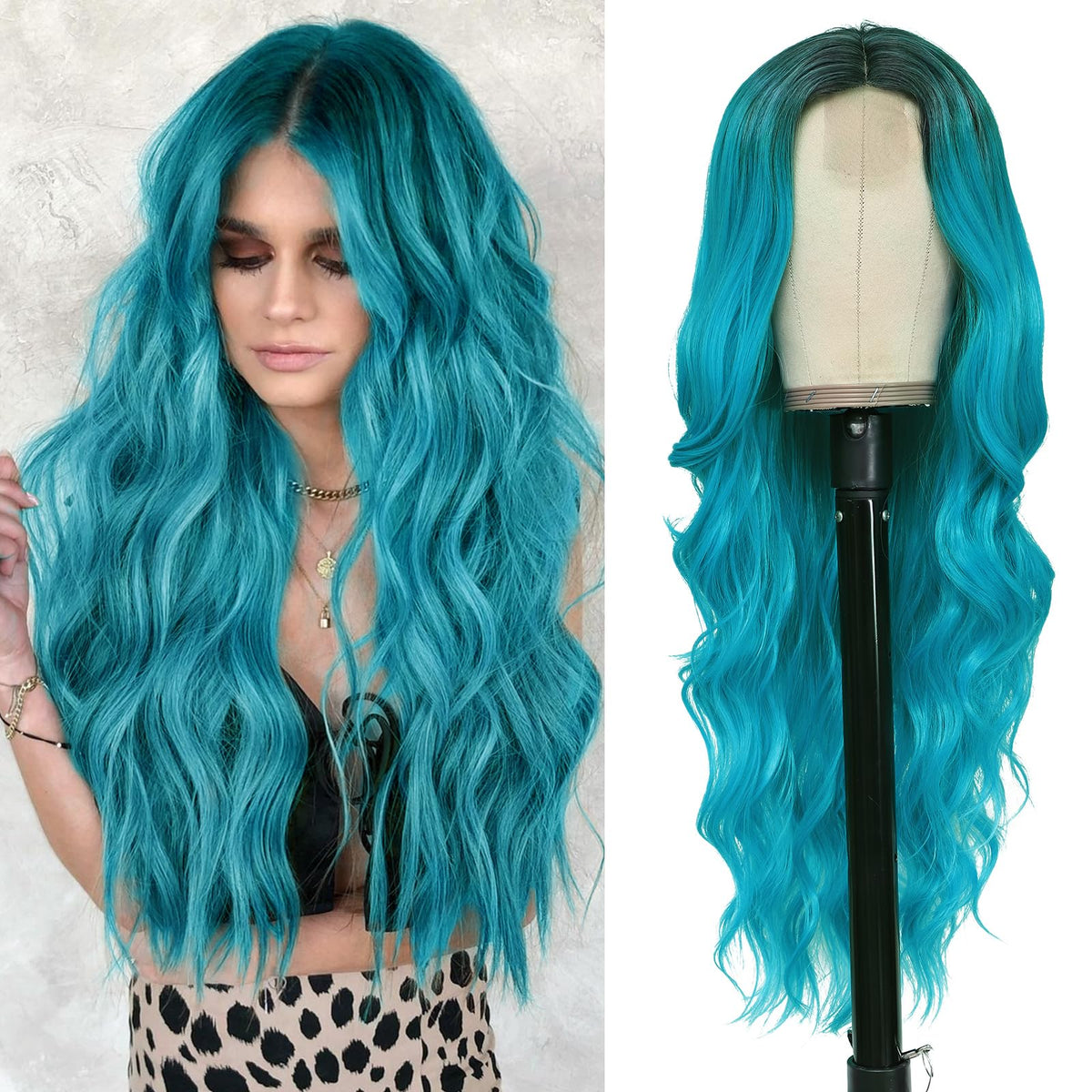NAYOO Ice Blue Wig for Women, 26 Inch Middle Part Wavy Synthetic Wig
