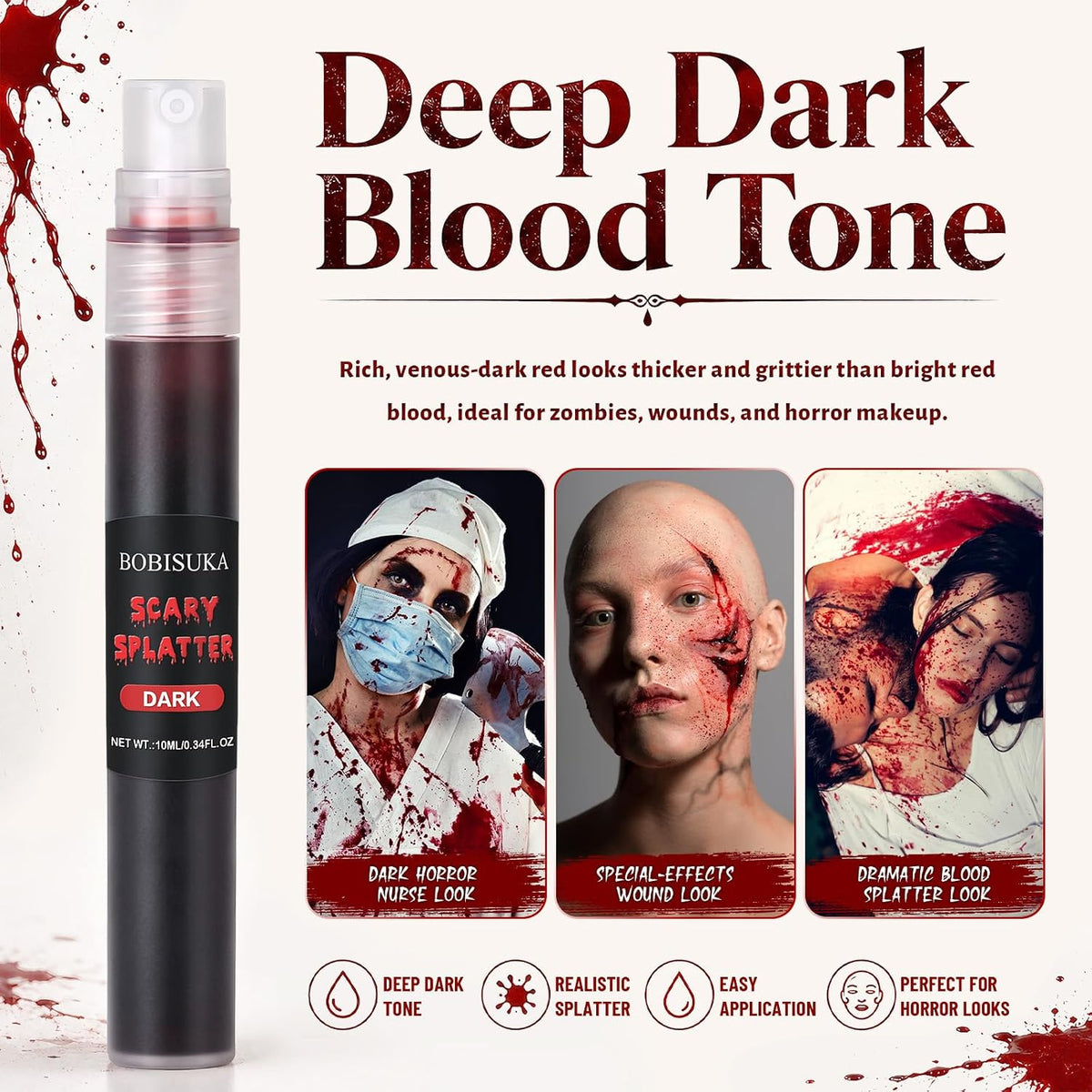 BOBISUKA Dark Fake Blood Spray– Splatter SFX Makeup Kit for Halloween, Cosplay, Zombie, Vampire, Clown, Scary Wounds, Easy Washable Formula – 0.34 fl.oz