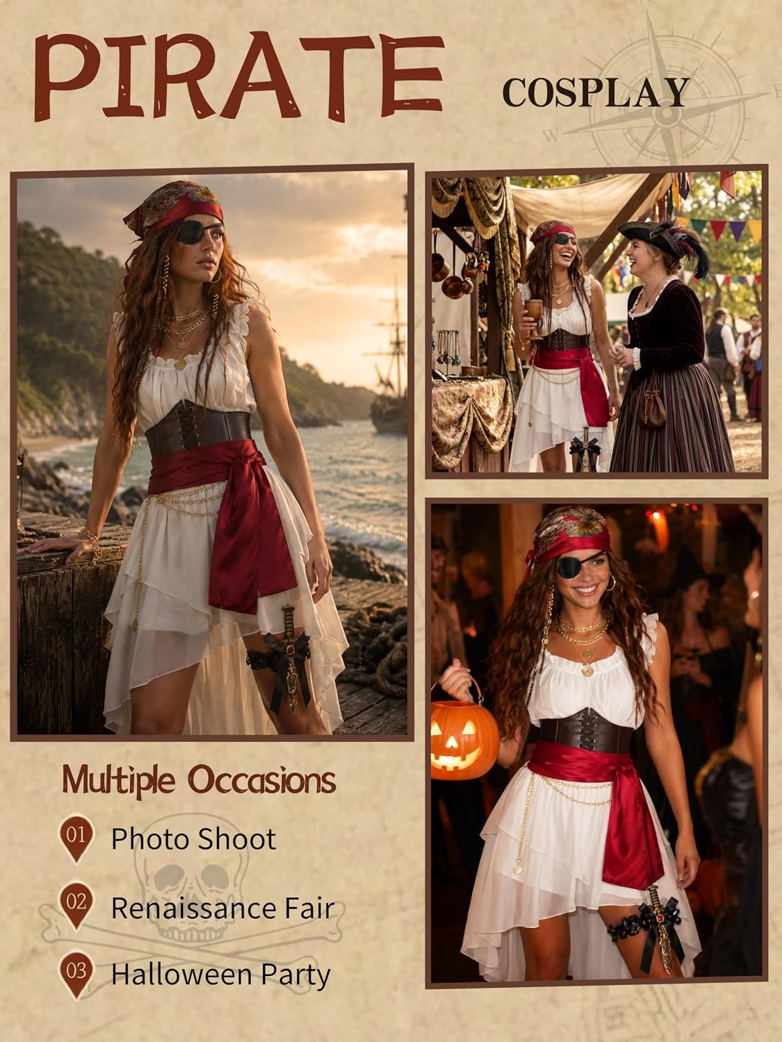 Women's Pirate Costume 10 Pcs Renaissance Halloween Ren Faire LARP Outfit
