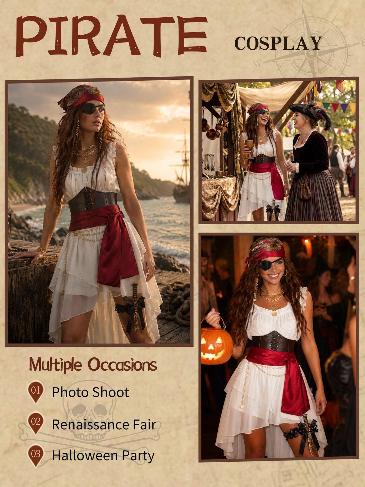 Women's Pirate Costume 10 Pcs Renaissance Halloween Ren Faire LARP Outfit