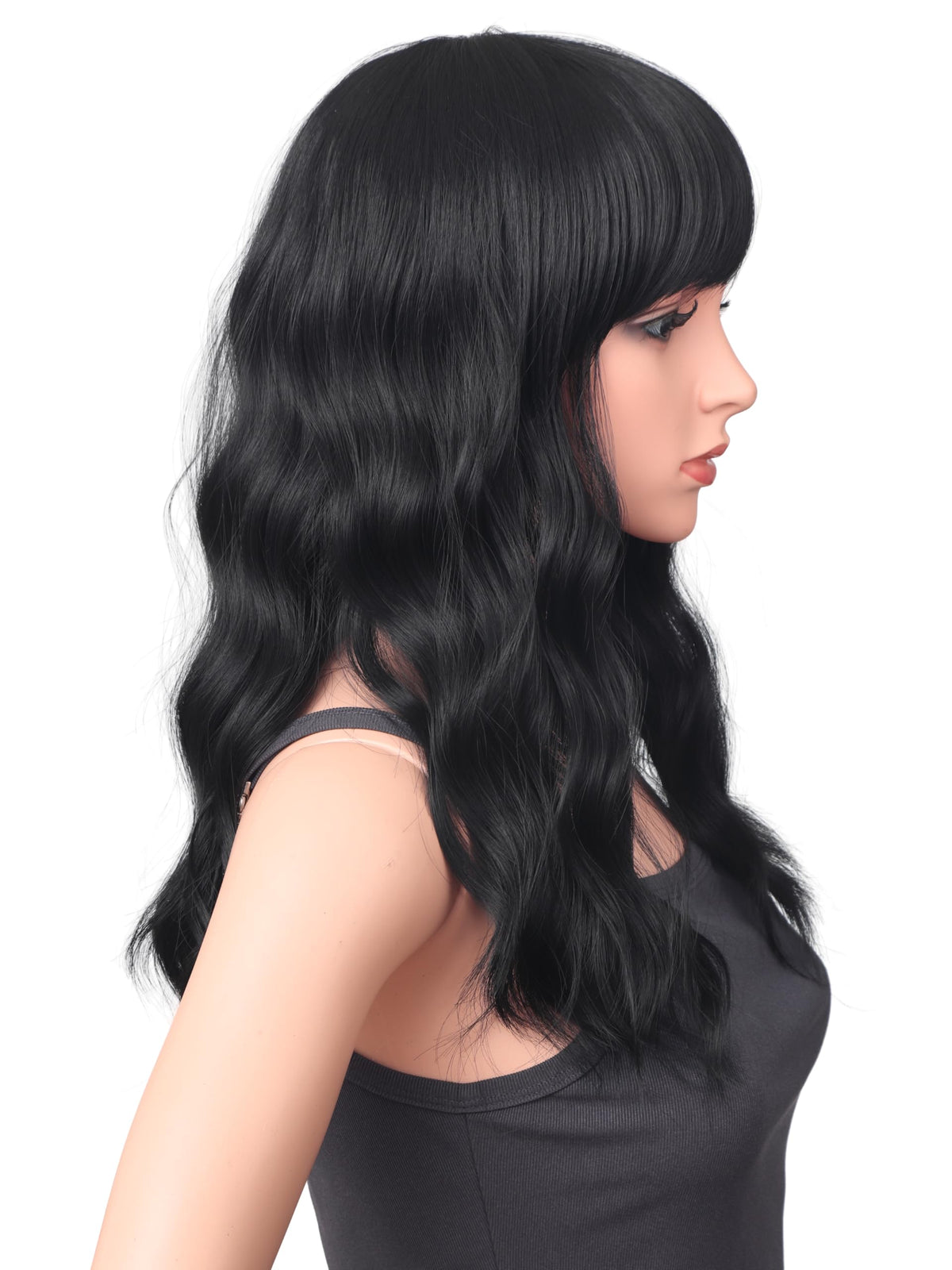 18 Inch Wavy Wig with Bangs – Black With Brown Highlights Heat Resistant Synthetic Hair, Soft Silky & Natural Looking for Women