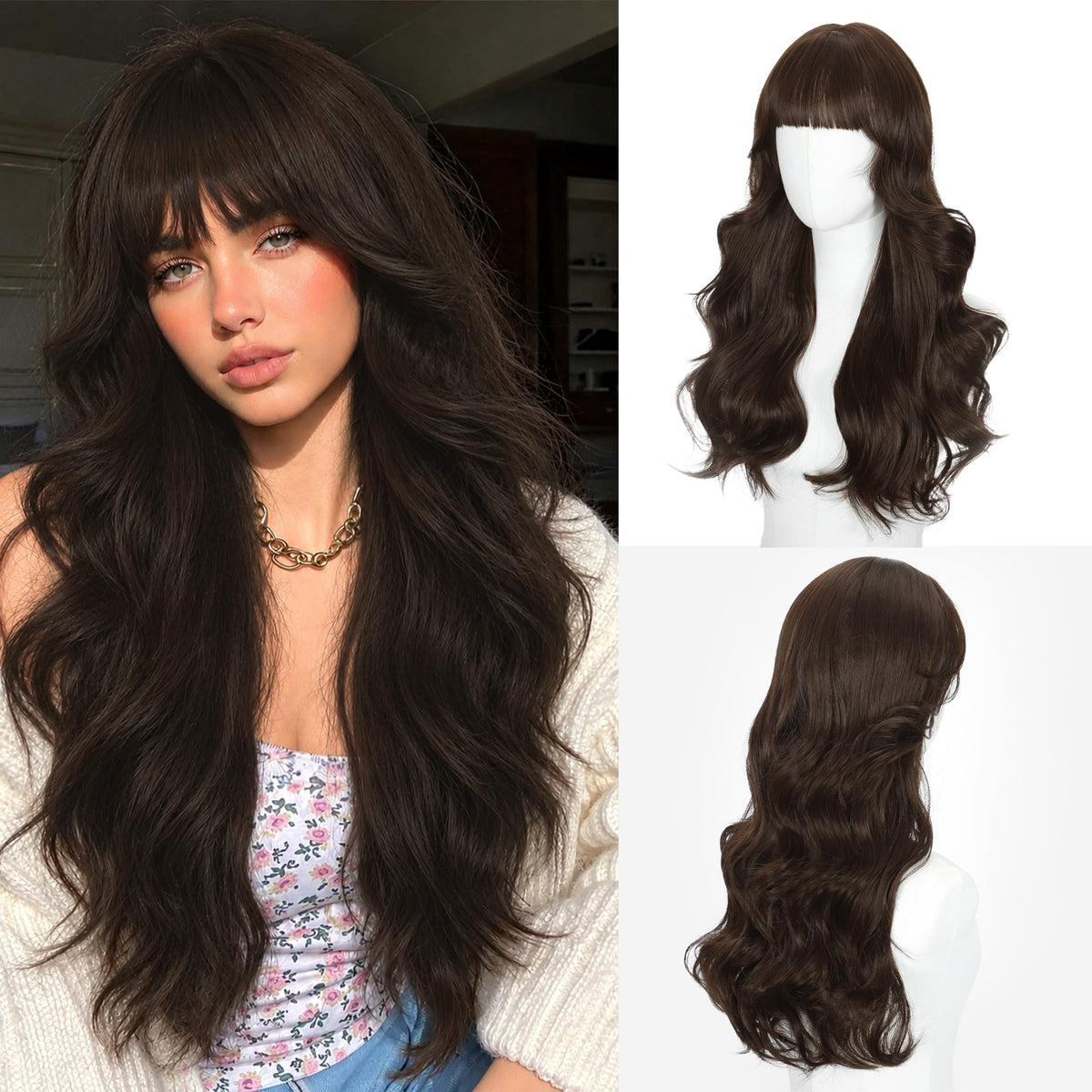 Rooted Honey Wig with Bangs for Women 24 Inch Long Wavy Synthetic Hair