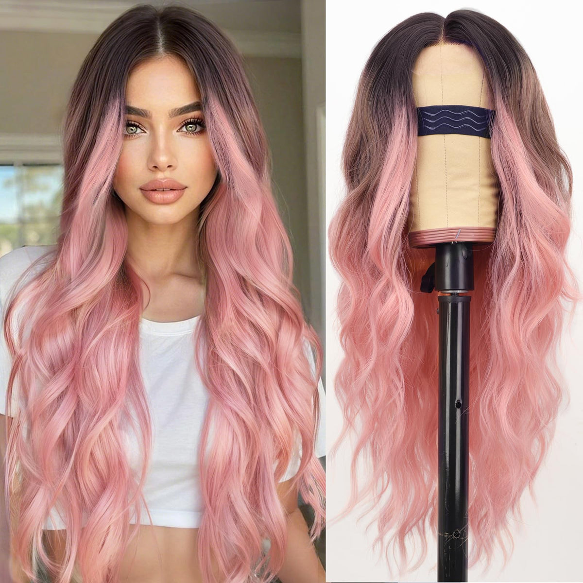 AISI HAIR Black Wig for Women, Long Wavy Lace Hairline Synthetic Wig 26Inch