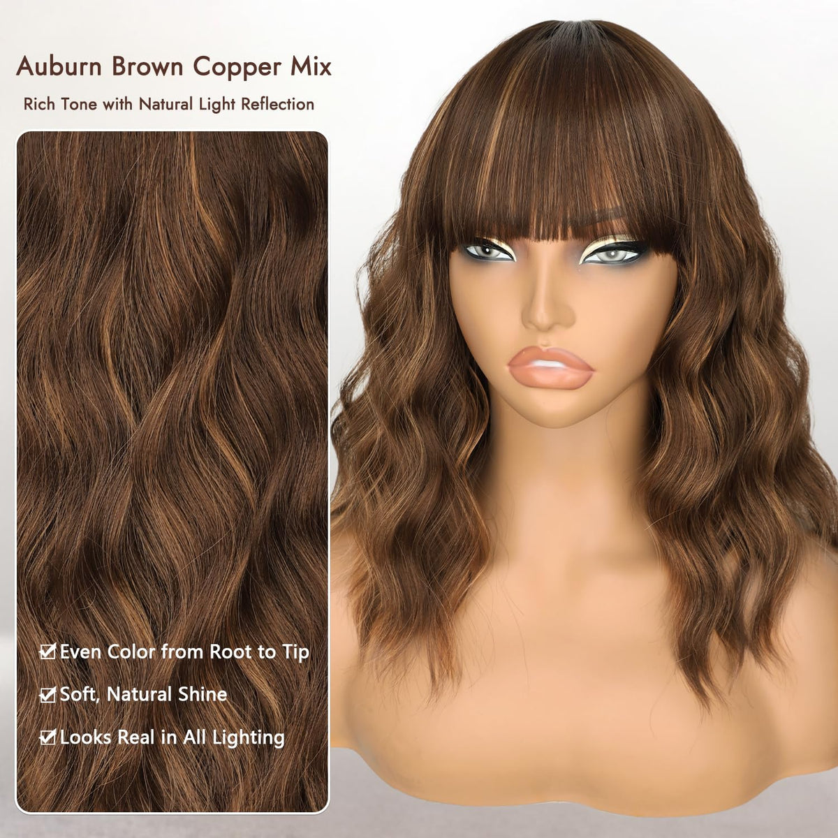 Nnzes Short Wavy Bob Wig with Bangs for Women Shoulder Length Curly Dark Brown with Purple Synthetic Heat-Resistant Fiber Hair for Daily & Party Use