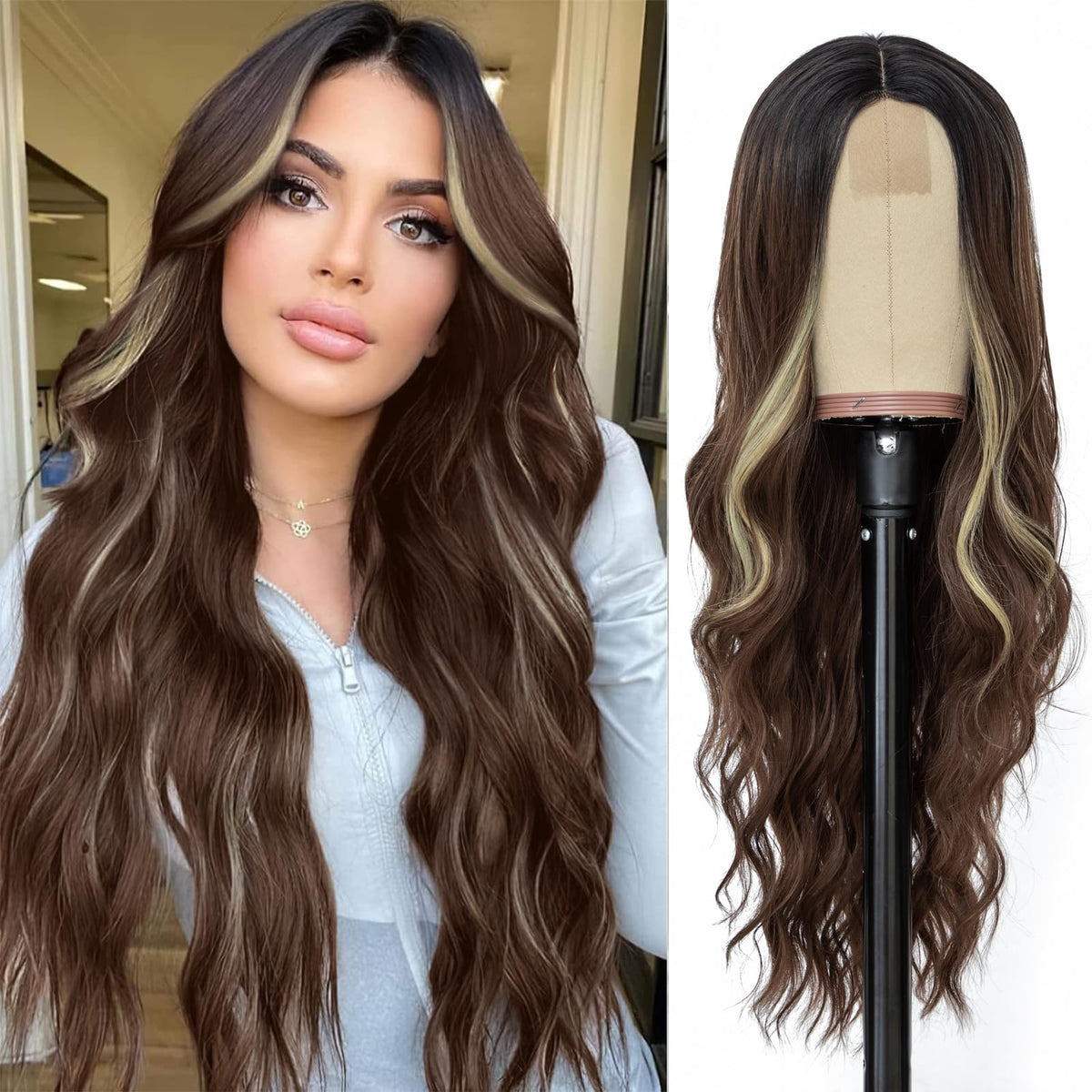 NAYOO Ice Blue Wig for Women, 26 Inch Middle Part Wavy Synthetic Wig