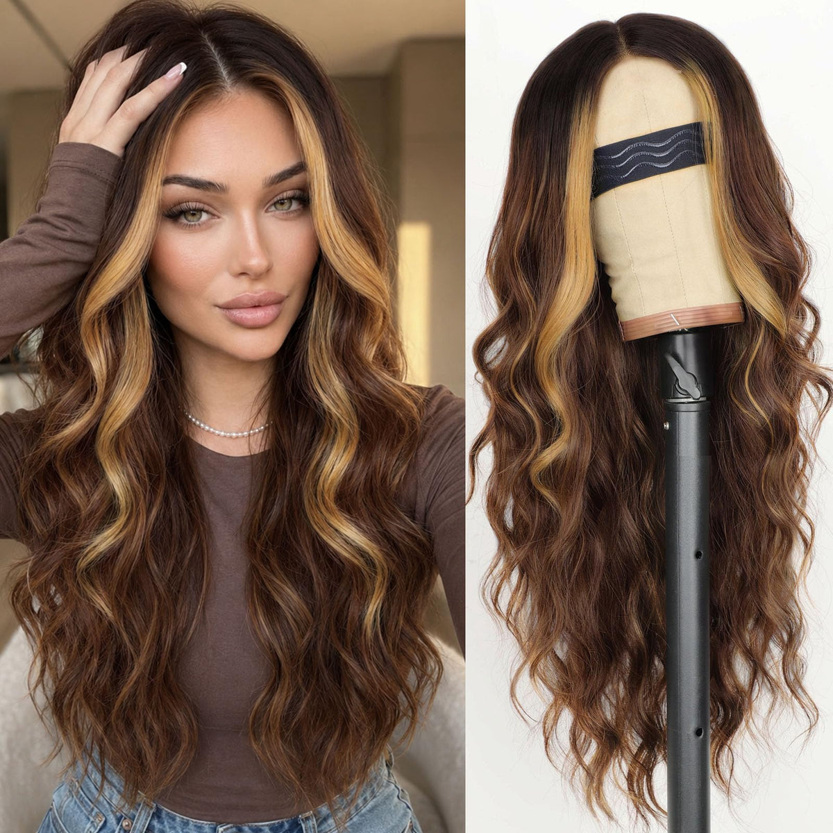 AISI HAIR Black Wig for Women, Long Wavy Lace Hairline Synthetic Wig 26Inch