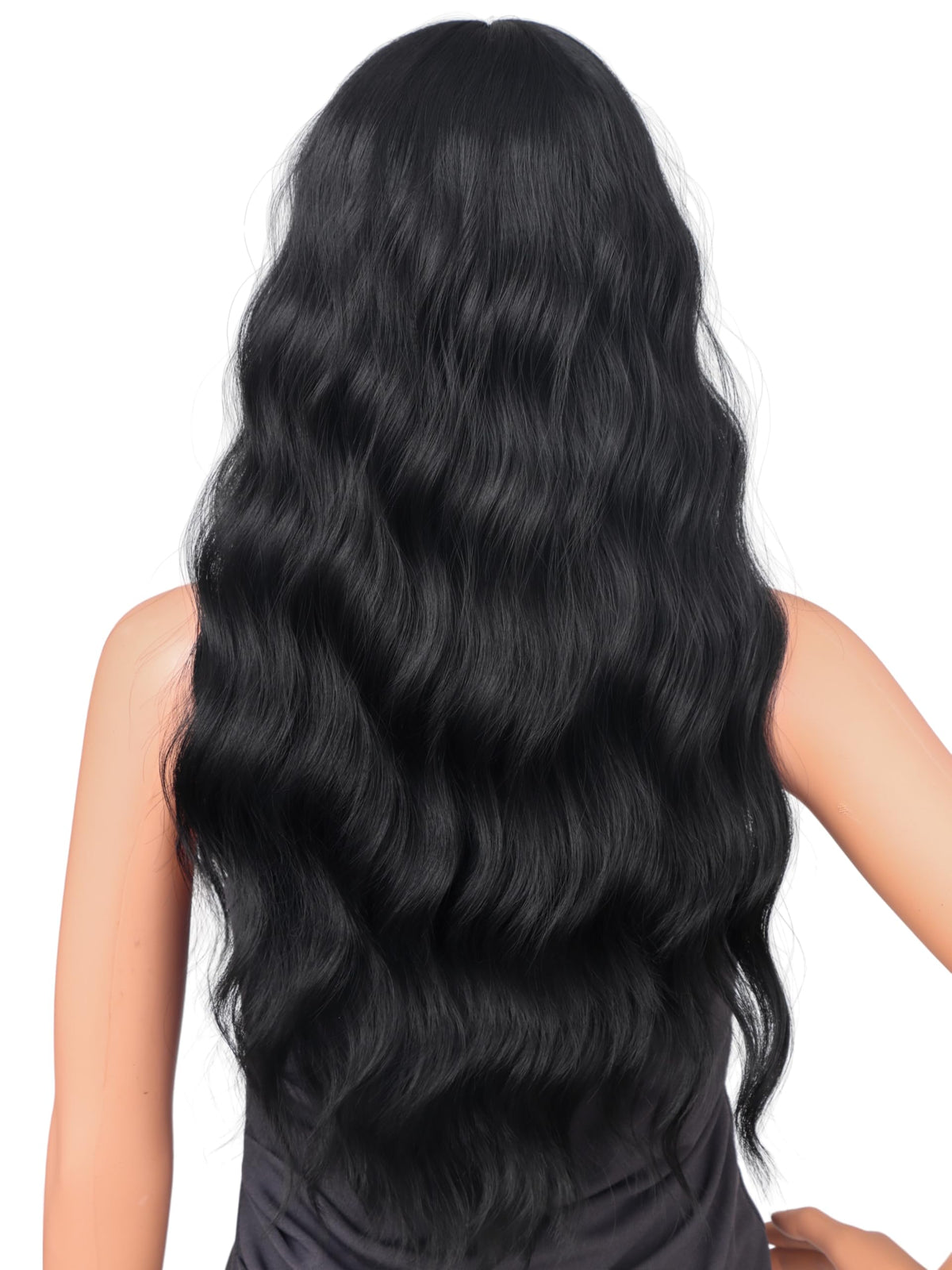 18 Inch Wavy Wig with Bangs – Black With Brown Highlights Heat Resistant Synthetic Hair, Soft Silky & Natural Looking for Women
