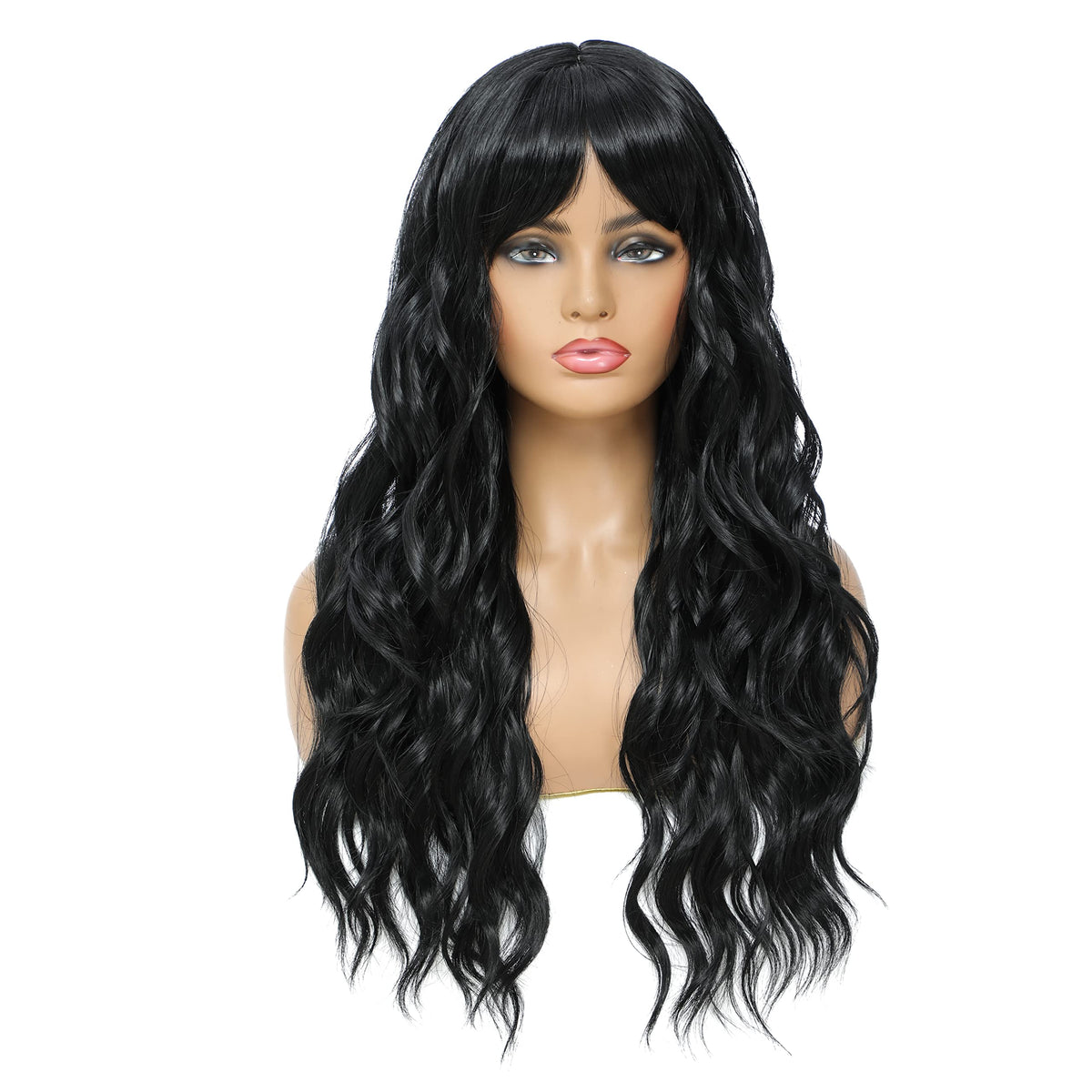 SWACC Long Curly Wavy Wig with Bangs Synthetic Hair Wig for Women with Wig Cap (Pink Ombre)