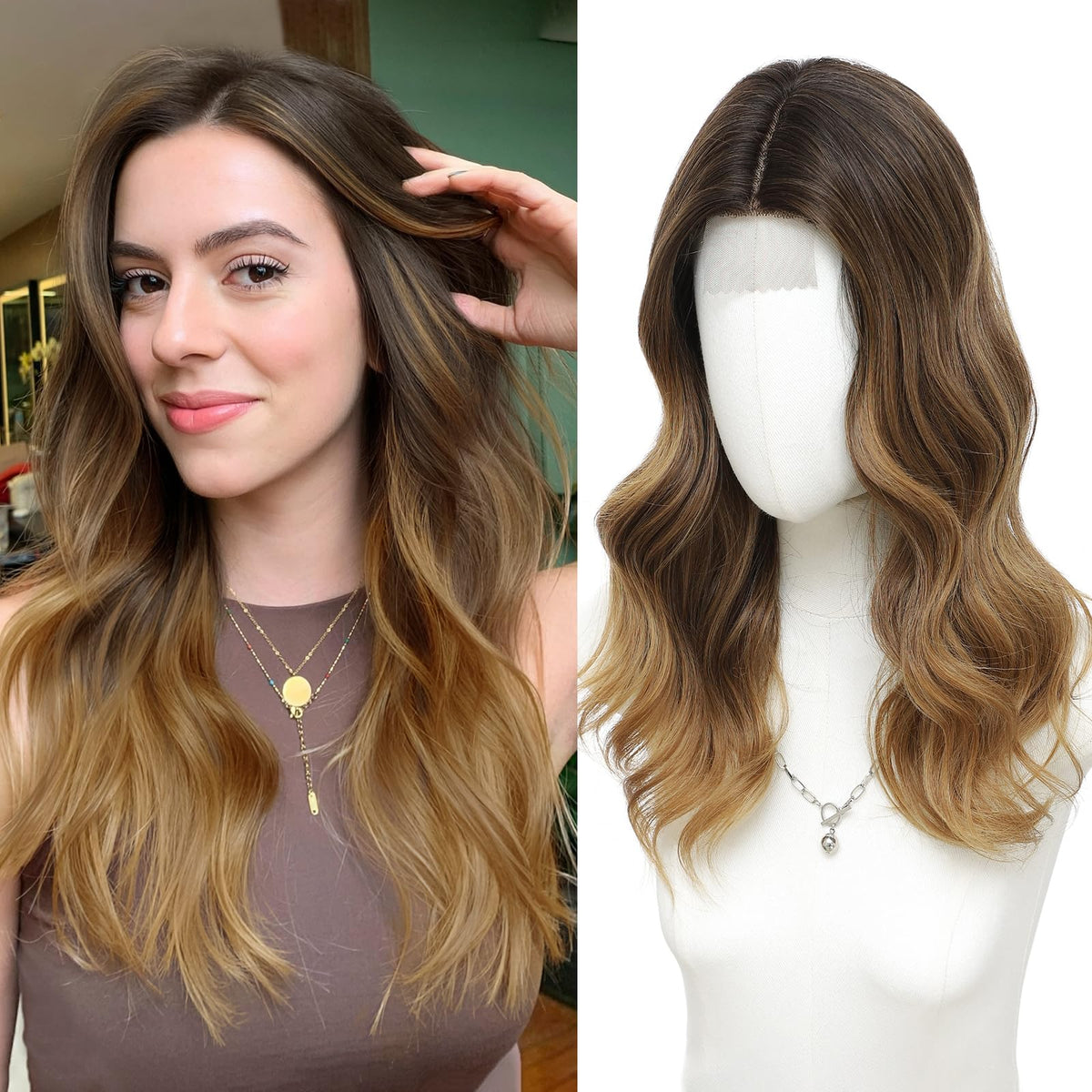 MORICA Ombre Dark Green Wigs for Women, 18 Inch Wavy Middle Part Wig