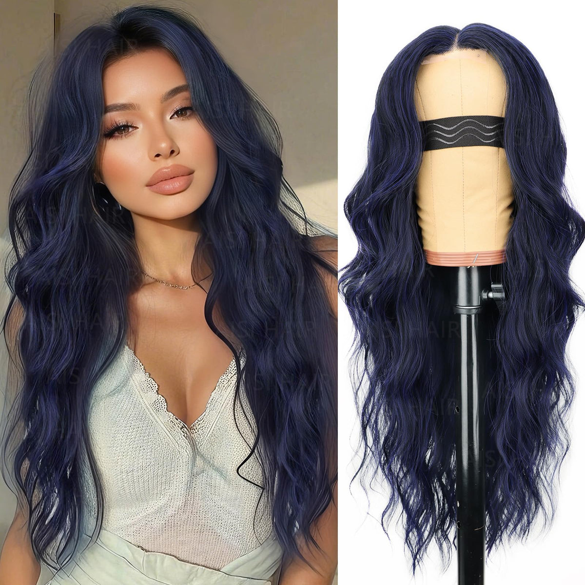 AISI HAIR Black Wig for Women, Long Wavy Lace Hairline Synthetic Wig 26Inch