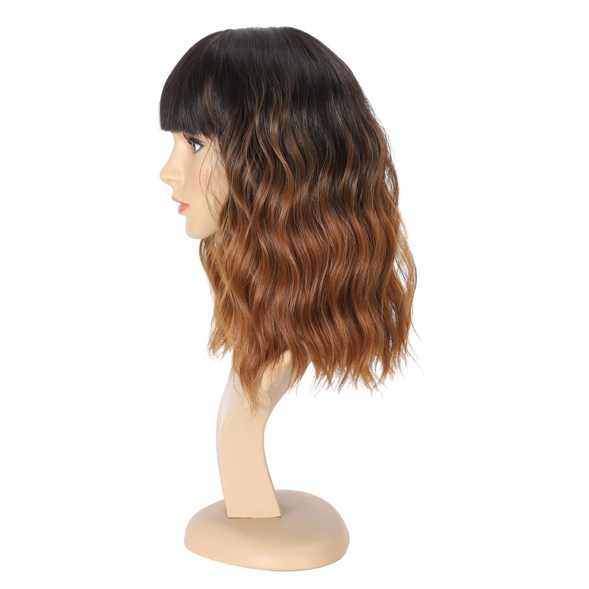 Black Mixed Brown Wig for Black Women Short Wavy Curly Bob Wig with Bangs