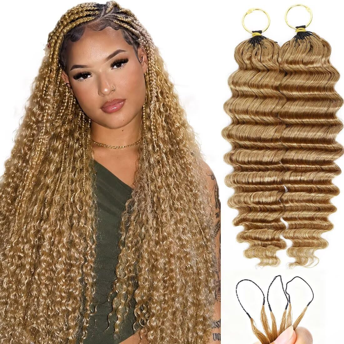 16 Inch Deep Wave Knotless Feather Crochet Human Hair #27 110g