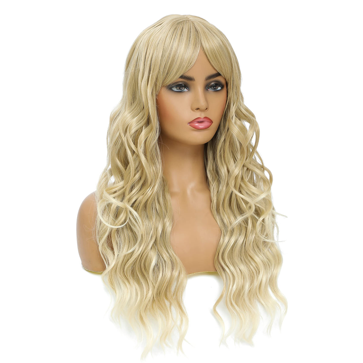 SWACC Long Curly Wavy Wig with Bangs Synthetic Hair Wig for Women with Wig Cap (Pink Ombre)