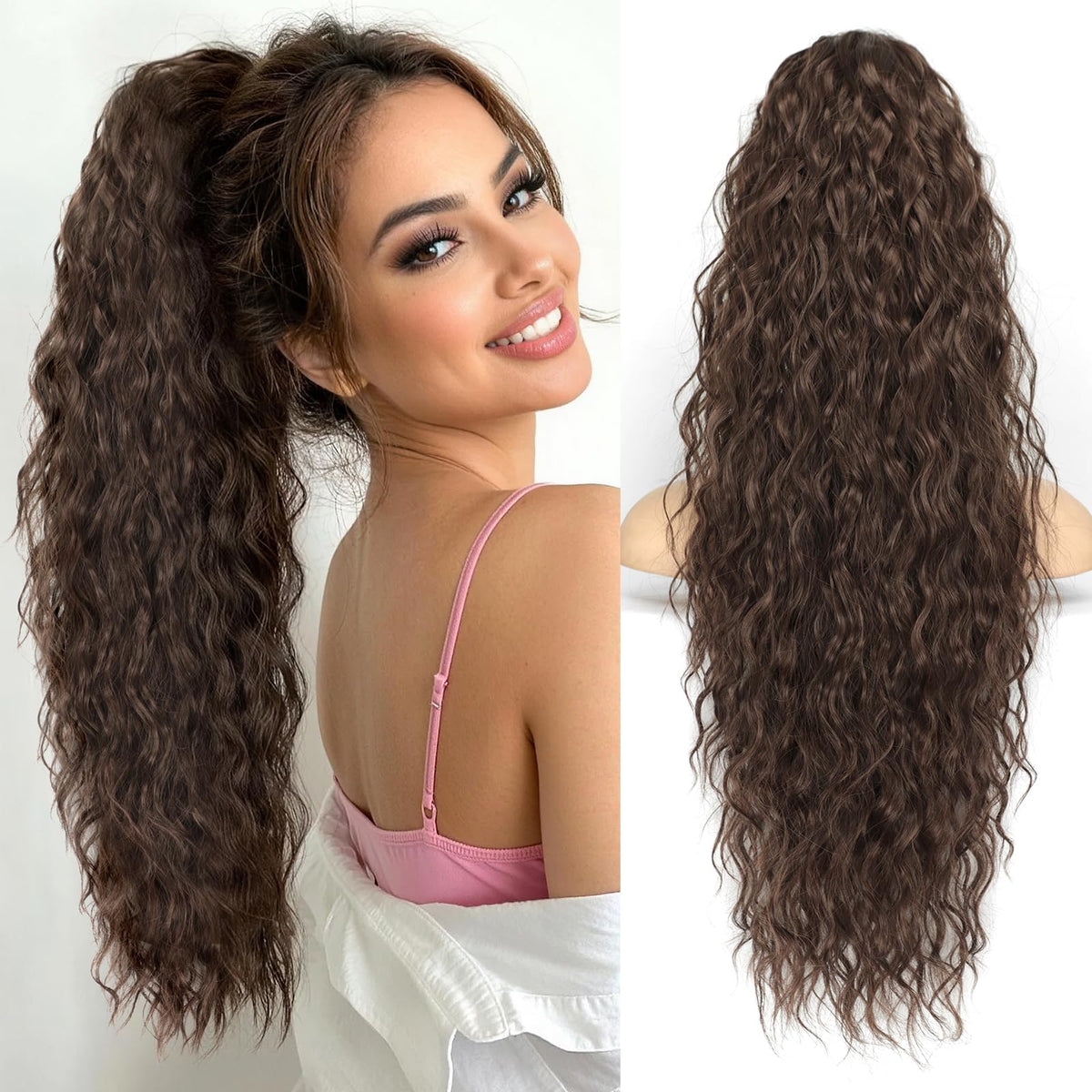 KooKaStyle Long Medium Brown Curly Synthetic Drawstring Ponytail Extension