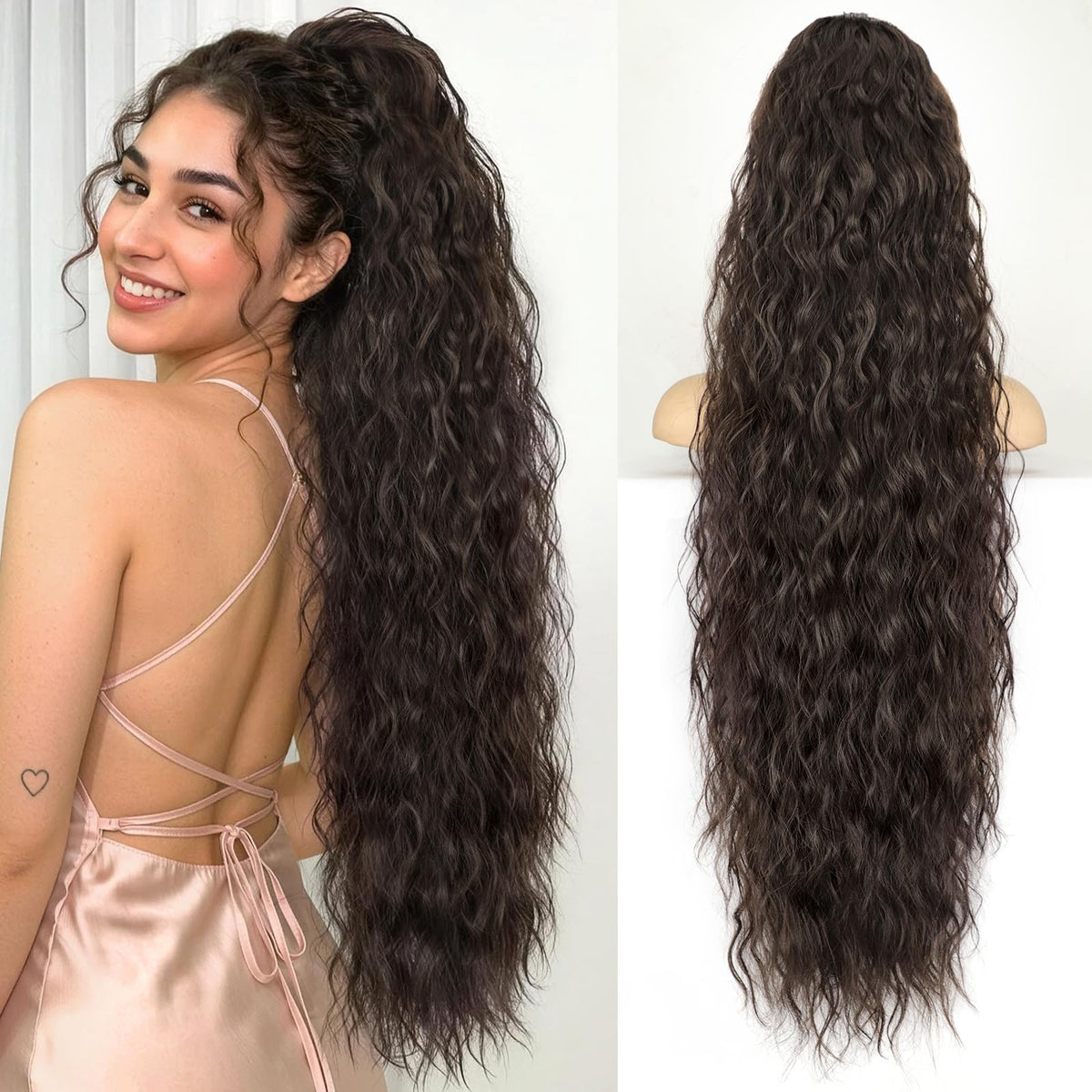KooKaStyle Long Medium Brown Curly Synthetic Drawstring Ponytail Extension