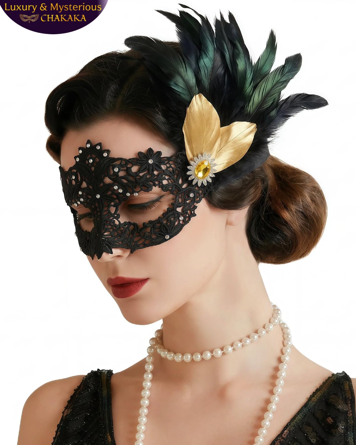 Black Lace Masquerade Mask for Women,1920s Venetian Feather Eye Mask with Gold Rhinestones for Mardi Gras Halloween