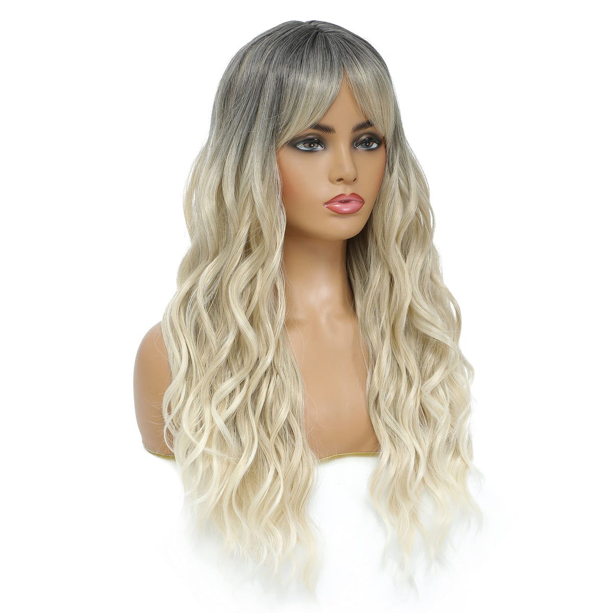 SWACC Long Curly Wavy Wig with Bangs Synthetic Hair Wig for Women with Wig Cap (Pink Ombre)