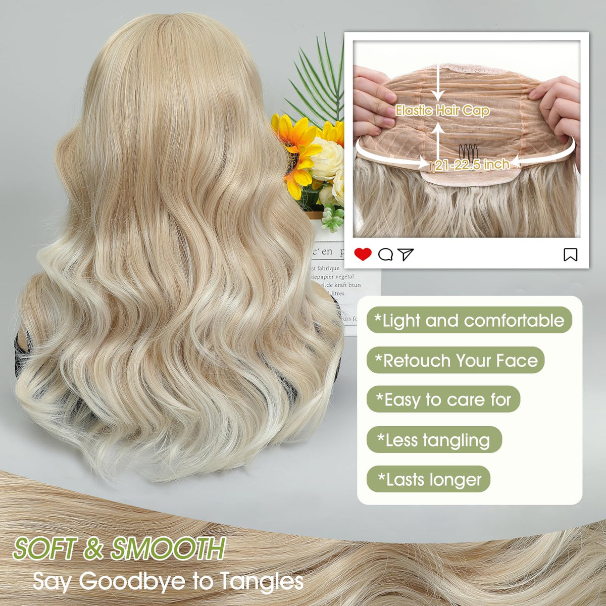 MORICA Ombre Dark Green Wigs for Women, 18 Inch Wavy Middle Part Wig