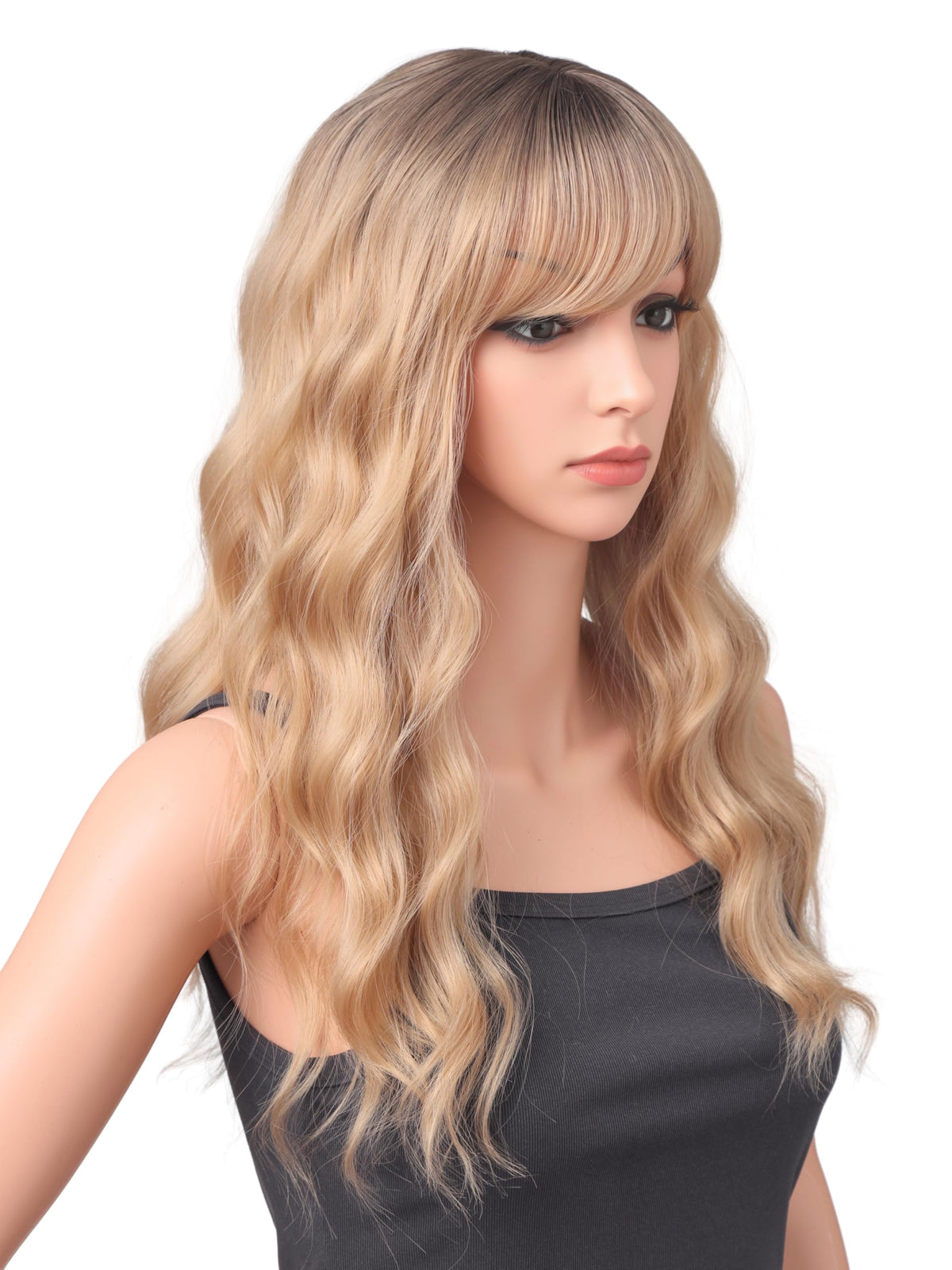 18 Inch Wavy Wig with Bangs – Black With Brown Highlights Heat Resistant Synthetic Hair, Soft Silky & Natural Looking for Women