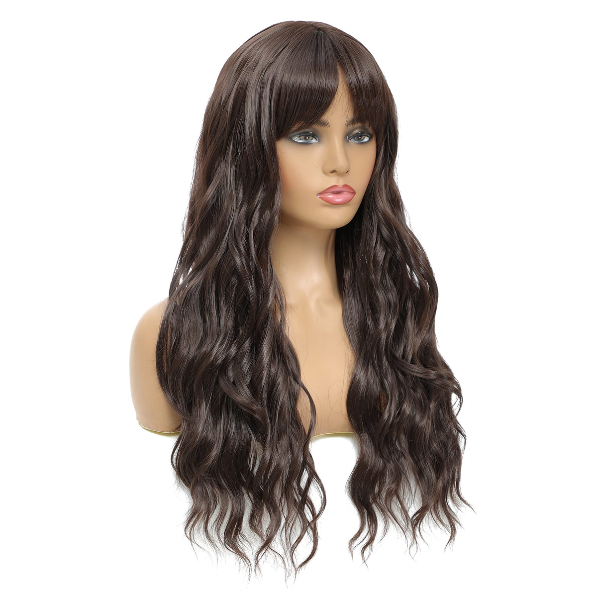 SWACC Long Curly Wavy Wig with Bangs Synthetic Hair Wig for Women with Wig Cap (Pink Ombre)