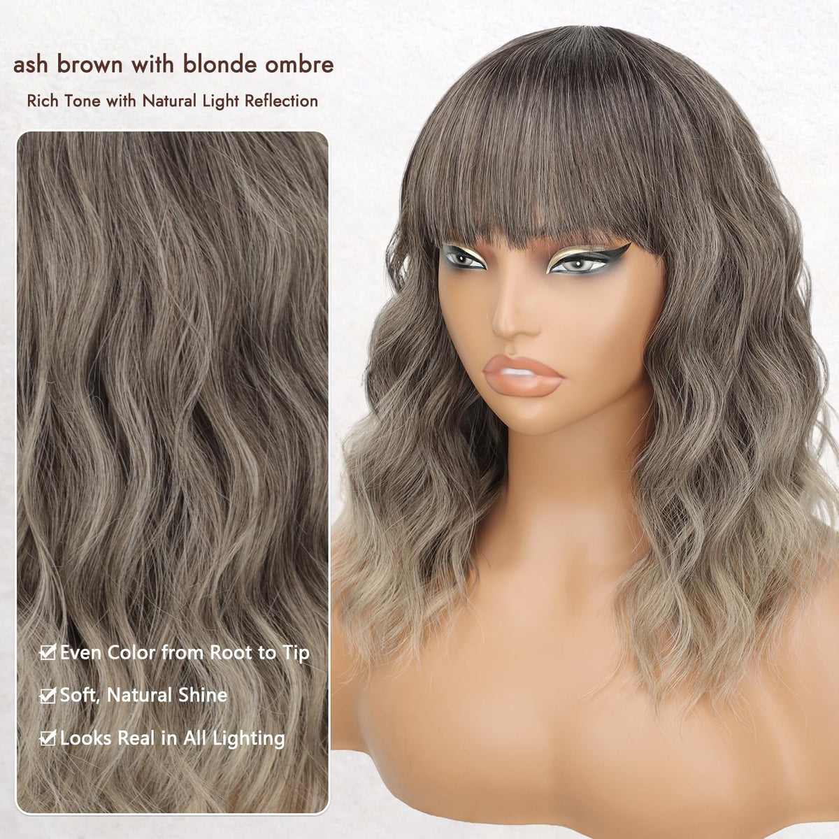 Nnzes Short Wavy Bob Wig with Bangs for Women Shoulder Length Curly Dark Brown with Purple Synthetic Heat-Resistant Fiber Hair for Daily & Party Use