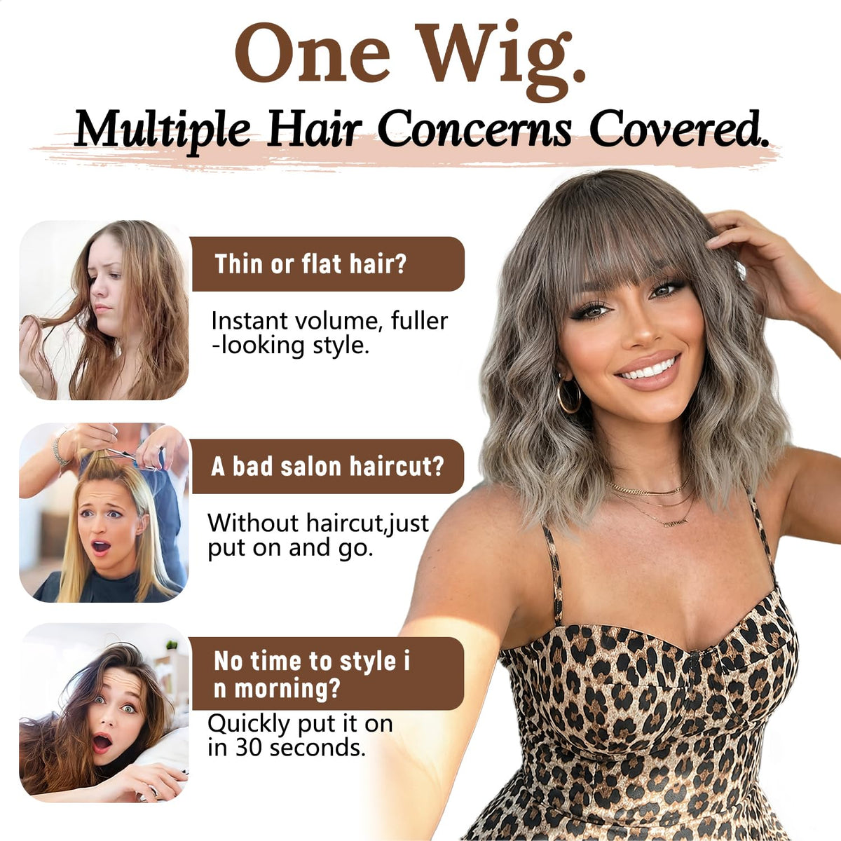 Nnzes Short Wavy Bob Wig with Bangs for Women Shoulder Length Curly Dark Brown with Purple Synthetic Heat-Resistant Fiber Hair for Daily & Party Use