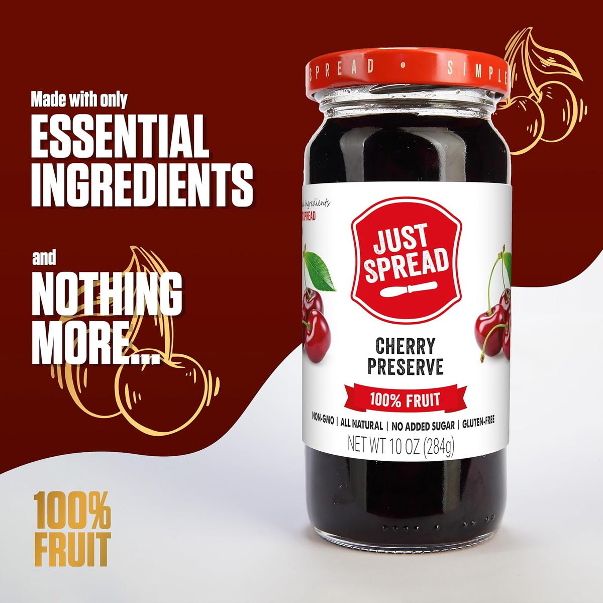 Just Spread 100% Fruit Preserve, Cherry, 10 oz Jar