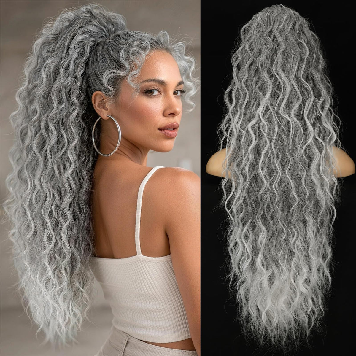 KooKaStyle Long Medium Brown Curly Synthetic Drawstring Ponytail Extension