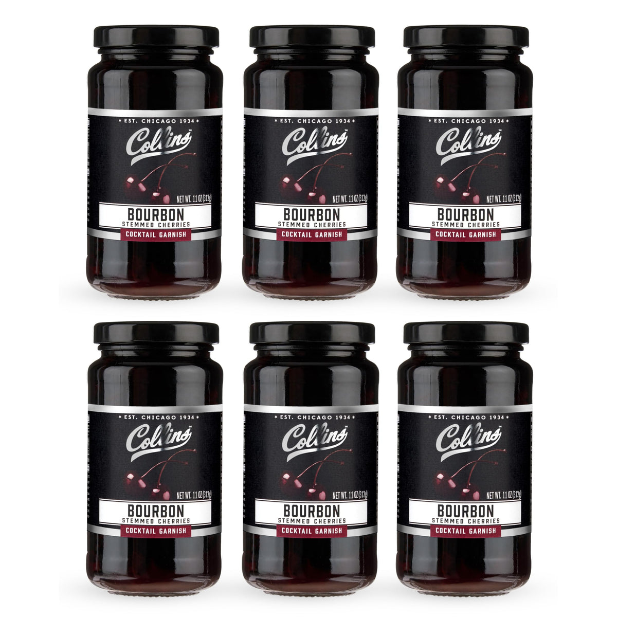 Collins Bourbon Cocktail Cherries - Drinks Garnish for Manhattan or Old Fashioned Cocktails and Desserts, Made with Award Winning Whiskey, 11 Ounce Glass Jar