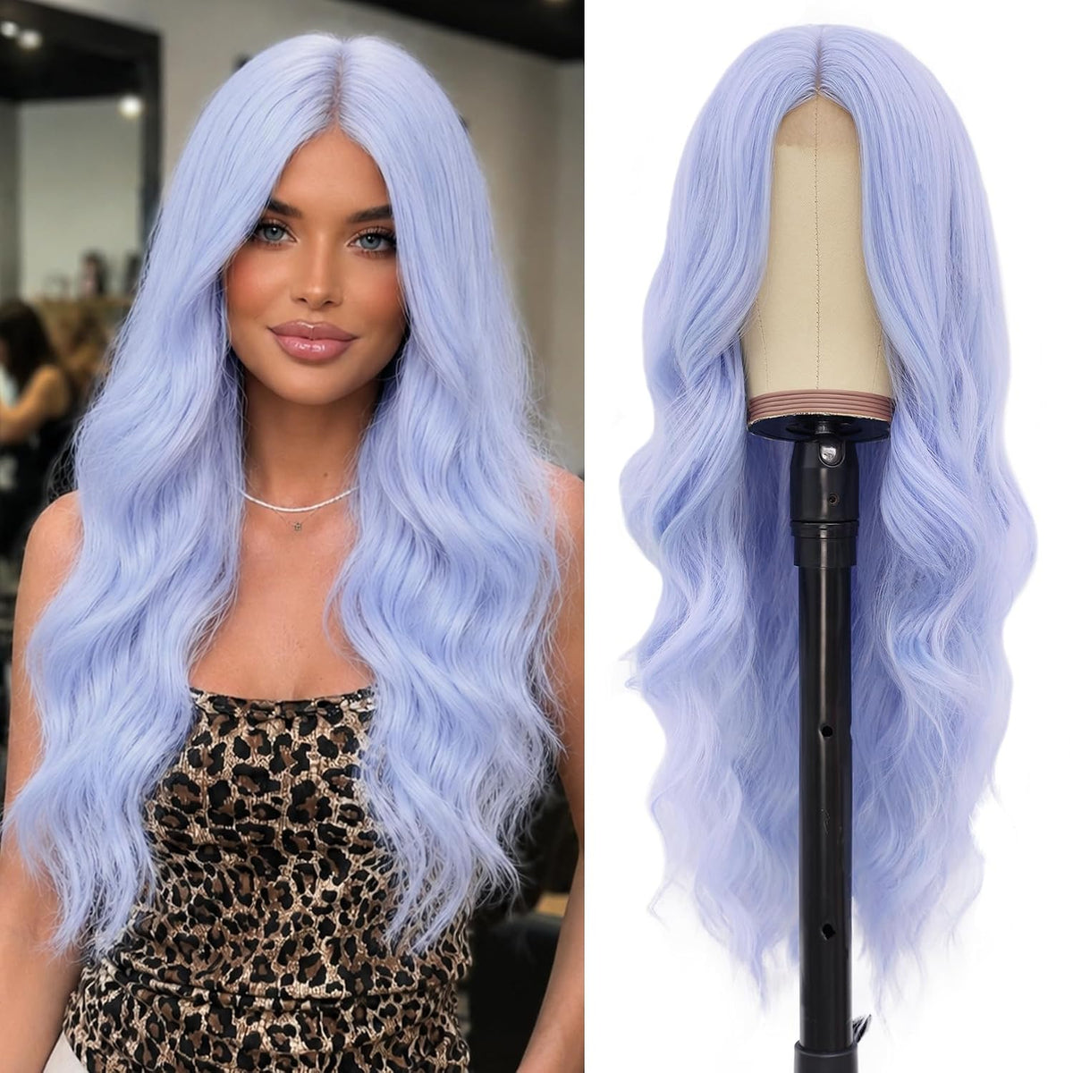 NAYOO Ice Blue Wig for Women, 26 Inch Middle Part Wavy Synthetic Wig
