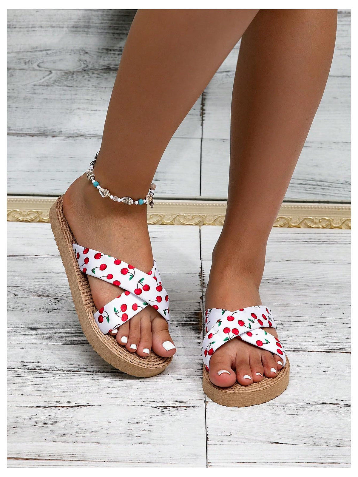 RoseSeek Women's Cherry Print Flip Flops Thick Sole Flat Sandals