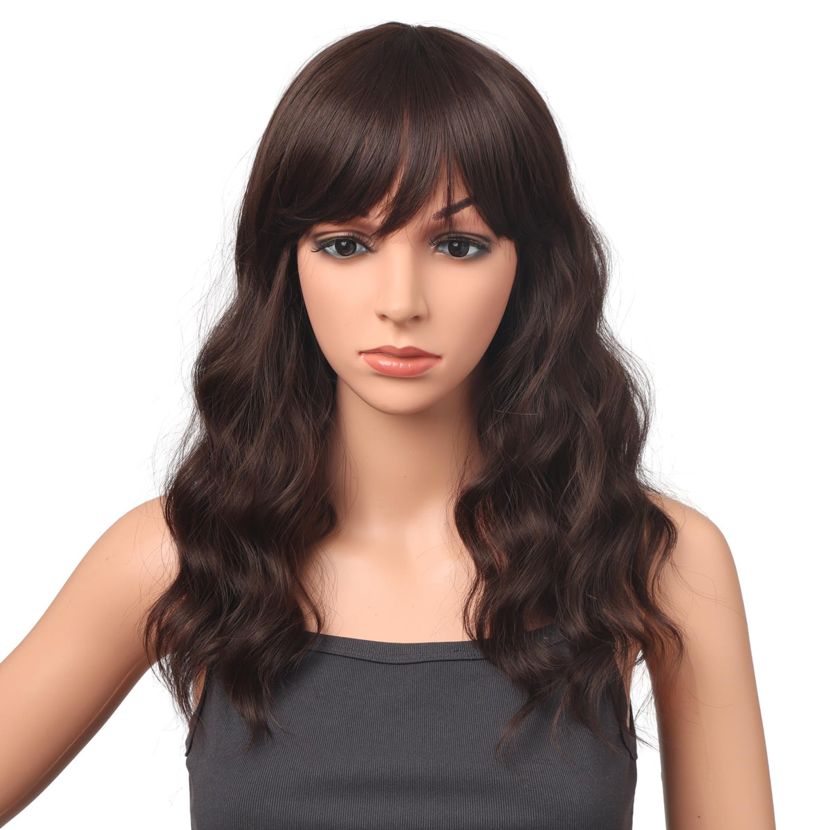 18 Inch Wavy Wig with Bangs – Black With Brown Highlights Heat Resistant Synthetic Hair, Soft Silky & Natural Looking for Women