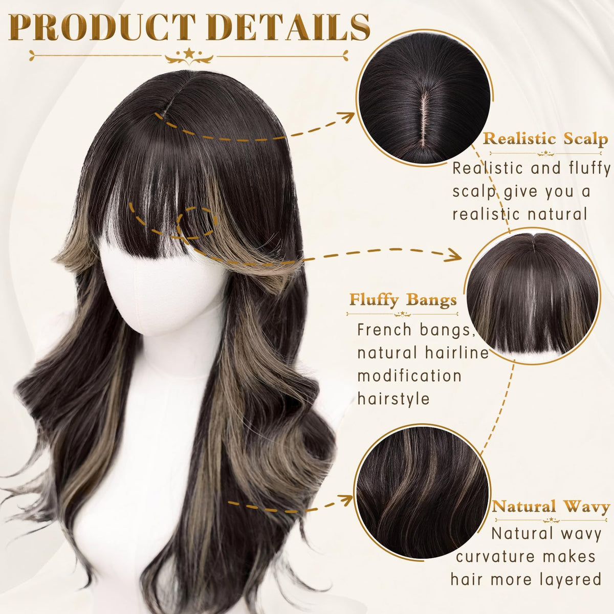 Rooted Honey Wig with Bangs for Women 24 Inch Long Wavy Synthetic Hair