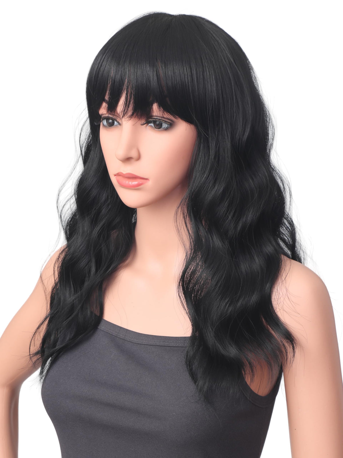18 Inch Wavy Wig with Bangs – Black With Brown Highlights Heat Resistant Synthetic Hair, Soft Silky & Natural Looking for Women