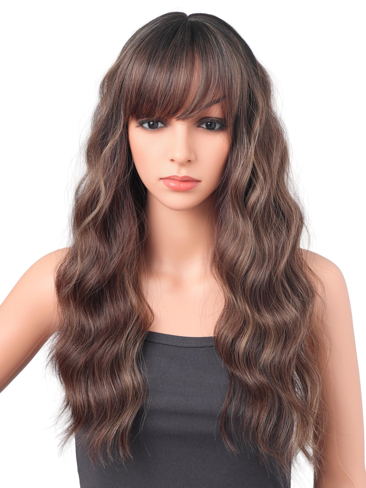 18 Inch Wavy Wig with Bangs – Black With Brown Highlights Heat Resistant Synthetic Hair, Soft Silky & Natural Looking for Women