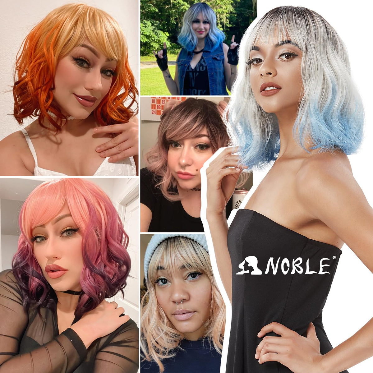 NOBLE Blue Wig with Bangs 12 Inches Short Bob Curly Wig Blue Wigs for Women Colorful Wavy Bob Wigs with Air Bangs Heat Resistant Synthetic Silver Blue Halloween Wigs for Cosplay Party